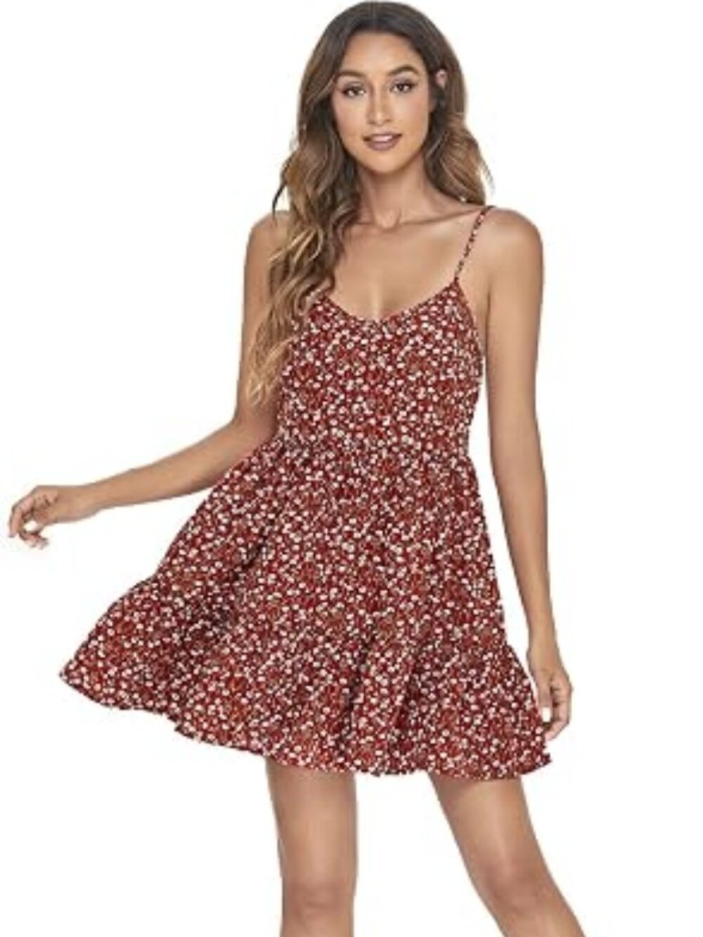 New Floral V Neck Ruffle Hem Sleeveless Cami Short Dress
